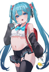 Rule 34 | 1girl, absurdres, aqua bow, aqua bowtie, aqua hair, aqua nails, backpack, bag, bare shoulders, black thighhighs, blue eyes, blush, bow, bowtie, breasts, commentary request, cowboy shot, crime prevention buzzer, crop top, detached sleeves, garter straps, hair bobbles, hair ornament, hatsune miku, highres, long hair, looking at viewer, miniskirt, navel, open mouth, pleated skirt, randoseru, red bag, rerendi, sailor collar, shirt, simple background, skirt, sleeves past wrists, small breasts, solo, thighhighs, twintails, very long hair, vocaloid, white background, white shirt, x hair ornament