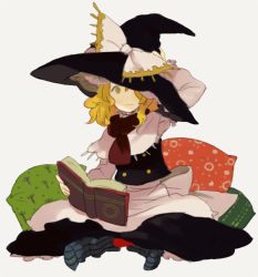 Rule 34 | 1girl, apron, blonde hair, book, female focus, hand on headwear, hand on own head, hat, indian style, iwamoto zerogo, kirisame marisa, long sleeves, open book, pillow, reading, scarf, simple background, sitting, socks, solo, striped clothes, striped socks, touhou, witch, witch hat, yellow eyes