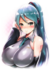 Rule 34 | 00s, 1girl, alternate breast size, alternate hairstyle, anaumenondai, aqua hair, bare shoulders, between breasts, blush, breasts, detached sleeves, embarrassed, green eyes, hatsune miku, huge breasts, ichimatsu (anaumemondai), impossible clothes, impossible shirt, jpeg artifacts, necktie, necktie between breasts, ponytail, shirt, solo, upper body, vocaloid