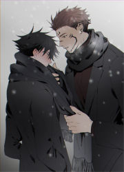 Rule 34 | 2boys, black coat, black hair, black scarf, blush, closed mouth, clothes grab, coat, facial tattoo, fushiguro megumi, green eyes, grey scarf, hair between eyes, hands in pockets, height difference, highres, jujutsu kaisen, kamome (penguin n), long sleeves, looking at another, male focus, multiple boys, parted lips, pink hair, red eyes, ryoumen sukuna (jujutsu kaisen), scarf, scarf grab, short hair, sideburns, spiked hair, standing, tattoo, undercut, winter, winter clothes, winter coat, yaoi