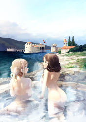 Rule 34 | 2girls, ass, bathing, blonde hair, blue eyes, blue sky, bridge, brown eyes, brown hair, butt crack, castle, church, cloud, copyright request, covering privates, covering breasts, day, flag, from behind, highres, hinoshita akame, looking at another, medium hair, multiple girls, nude, onsen, outdoors, river, sitting, sky, water, yokozuwari