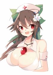 Rule 34 | 1girl, :d, armband, bad id, bad twitter id, bare shoulders, bikini, blush, bow, breasts, brown hair, collarbone, commentary request, cropped torso, cross, detached collar, flower, green bow, hair between eyes, hair bow, hair flower, hair ornament, hat, highres, large breasts, long hair, looking at viewer, nurse cap, open mouth, red cross, red eyes, reiuji utsuho, simple background, smile, solo, swimsuit, tetsurou (fe+), touhou, upper body, white background, white bikini, white flower