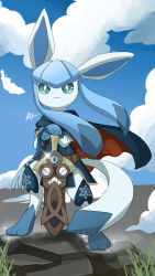 Rule 34 | blue dress, blue sky, cape, closed mouth, clothed pokemon, cloud, cloudy sky, commentary, commission, cosplay, creatures (company), crossover, dress, english commentary, fire emblem, fire emblem awakening, full body, game freak, gen 4 pokemon, gen 6 pokemon, glaceon, harlequinwaffles, highres, holding, holding pokemon, honedge, lucina (fire emblem), lucina (fire emblem) (cosplay), nintendo, no humans, outdoors, pokemon, pokemon (creature), rock, sky, smile, sparkle, standing