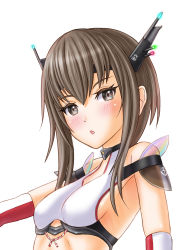 Rule 34 | 1girl, bikini, blush, breasts, brown eyes, brown hair, choker, close-up, commentary request, elbow gloves, gloves, head tilt, headband, headgear, highres, kantai collection, looking at viewer, parted lips, race queen, short hair, shoulder pads, sideboob, sidelocks, simple background, skypixter, small breasts, solo, swimsuit, taihou (kancolle), white background, white gloves