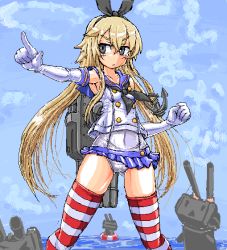 Rule 34 | 10s, 1girl, anchor, anchor hair ornament, blonde hair, crop top, cropped legs, day, elbow gloves, female focus, gloves, grey eyes, hair ornament, hairband, kantai collection, lifebuoy, long hair, looking to the side, microskirt, miniskirt, namaenazo, one-piece swimsuit, outdoors, rensouhou-chan, sailor collar, school swimsuit, school uniform, serafuku, shimakaze (kancolle), skirt, solo, striped clothes, striped thighhighs, swim ring, swimsuit, swimsuit under clothes, thighhighs, white gloves, white one-piece swimsuit, white school swimsuit
