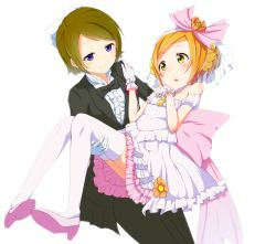 Rule 34 | 10s, 2girls, :o, awara t, blue eyes, blush, bow, bowtie, brown hair, carrying, dress, earrings, formal, gloves, hair bow, highres, hoshizora rin, jewelry, koizumi hanayo, long sleeves, love live!, love live! school idol project, love wing bell, multiple girls, open mouth, orange hair, pants, princess carry, shoes, short hair, smile, suit, thighhighs, traditional bowtie, veil, white background, white dress, white gloves, white legwear, yellow eyes, yuri