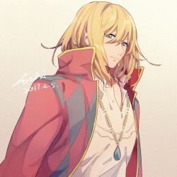 Rule 34 | 1boy, argyle, beige background, blonde hair, closed mouth, coat, collar, collared coat, collared shirt, dated, earrings, gradient background, grey eyes, high collar, howl (howl no ugoku shiro), howl no ugoku shiro, jewelry, long sleeves, looking at viewer, male focus, medium hair, necklace, open clothes, open coat, shirt, signature, simple background, solo, upper body, white background, white shirt, xi yuu
