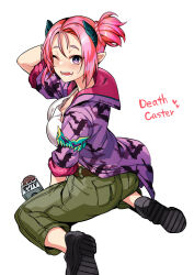 Rule 34 | 1girl, animal print, arm behind head, bat print, belt, breasts, cargo pants, character name, demon girl, demon horns, duel monster, holding, holding microphone, horns, jacket, large breasts, microphone, muckraker from the underworld, one eye closed, open clothes, open jacket, pants, pink hair, pointy ears, purple eyes, sharp teeth, shirt, shoes, short ponytail, sitting, solo, teeth, tsukinami kousuke, wariza, white background, white shirt, yu-gi-oh!