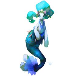 Rule 34 | blue eyes, blue hair, blue sclera, cherushi, colored sclera, creatures (company), fins, fish tail, full body, game freak, gen 7 pokemon, nintendo, no humans, pokemon, pokemon (creature), pokemon sm, primarina, scales, solo, starfish hair ornament, tail, white background