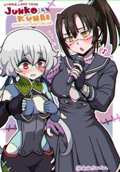 Rule 34 | 2girls, asymmetrical arms, black hair, blush, breasts, character name, chromatic aberration, copyright name, cosplay, costume switch, covering privates, covering breasts, crossover, dress, embarrassed, grey hair, hair between eyes, high ponytail, holding, holding microphone, kawase maki, konno junko, konno junko (cosplay), kunai zenow, kunai zenow (cosplay), long hair, microphone, monster musume no oisha-san, multiple girls, music, musical note, open mouth, red eyes, sailor collar, shake-o, singing, small breasts, standing, stitches, trait connection, twintails, twitter username, voice actor connection, yellow eyes, zombie, zombie land saga