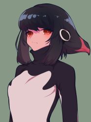 Rule 34 | 1girl, absurdres, adelie penguin (kemono friends), black hair, bodysuit, breasts, brown eyes, expressionless, green background, hair ornament, highres, kemono friends, looking to the side, medium breasts, notora, short hair, sidelocks, solo, turtleneck, wavy mouth