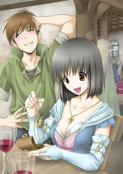 Rule 34 | 1boy, 1girl, alcohol, aritani mahoro, arm behind head, bar (place), black hair, blush, breasts, bridal gauntlets, brown eyes, brown hair, cleavage, couple, cup, drinking glass, elbow gloves, fantasy, gift, gloves, grin, hetero, jewelry, medium breasts, original, pendant, pointy ears, short hair, smile, treasure chest, wine, wine glass