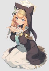 Rule 34 | 1girl, :p, animal ears, black jacket, blue archive, blue eyes, blue neckerchief, blush, cupping hands, dress, fake animal ears, flower, halo, highres, jacket, long hair, long sleeves, looking at viewer, mari (blue archive), neckerchief, nun, open clothes, open jacket, orange hair, own hands together, puffy long sleeves, puffy sleeves, sailor collar, sgt-jz, simple background, sitting, solo, tongue, tongue out, veil, white dress, white flower, white sailor collar
