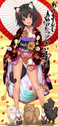 Rule 34 | 1girl, :d, animal, animal ears, bare legs, black footwear, black hair, blush, brown eyes, confetti, contrapposto, copyright request, dark-skinned female, dark skin, dog, dog ears, dog tail, egasumi, floral print, geta, gintarou (kurousagi108), head tilt, japanese clothes, kimono, legs, legs apart, lifted by self, long sleeves, looking at viewer, oil-paper umbrella, open clothes, open mouth, over shoulder, pink kimono, print kimono, short hair, short kimono, smile, socks, solo, standing, tabi, tail, tareme, translation request, umbrella, white socks, wide sleeves, yellow background