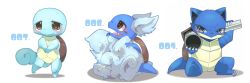 Rule 34 | animal focus, arm up, blastoise, blue eyes, blue outline, blush, brown eyes, cannon, claws, closed mouth, creatures (company), evolutionary line, fang, fluffy, from side, full body, game freak, gen 1 pokemon, half-closed eyes, hand up, happy, head wings, looking at viewer, looking up, nintendo, no humans, on one knee, open mouth, outline, own hands together, pokedex number, pokemon, pokemon (creature), profile, shell, shira (sirairo116), simple background, smile, squirtle, standing, v arms, wartortle, white background, wings
