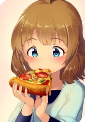 Rule 34 | ahoge, blue eyes, blush, brown hair, cheese, eating, food, idolmaster, idolmaster million live!, looking at food, pizza, short hair, suou momoko, yoshika (music480069)