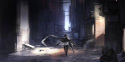 Rule 34 | 1girl, bad id, bad pixiv id, cape, crate, dark, from behind, original, pixiv fantasia, pixiv fantasia t, road, scarf, sketch, solo, street, sunlight, swd3e2, sword, weapon, wind