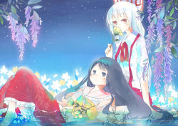 Rule 34 | 2girls, barefoot, black eyes, black hair, covering face, covering own mouth, covering privates, female focus, flower, fujiwara no mokou, holding, houraisan kaguya, keiya, lap pillow, long hair, looking at viewer, lying, multiple girls, night, night sky, on back, partially submerged, red eyes, sitting, skirt, sky, sleeves rolled up, smile, star (sky), starry sky, touhou, wariza, water, white hair, wisteria