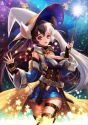 Rule 34 | 1girl, absurdres, animal ears, azzukkwa, belt, black hair, black thighhighs, breasts, cleavage, collar, eyebrows, gem, gold, hat, highres, large breasts, lips, long hair, long twintails, looking at viewer, multicolored hair, nose, red eyes, skirt, sky, smile, solo, sparkle, star (sky), star (symbol), starry sky, teeth, thigh strap, thighhighs, twintails, two-tone hair, wand, white hair, white hat, witch hat, zettai ryouiki