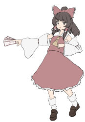 Rule 34 | 1girl, :o, arm up, between fingers, detached sleeves, hakurei reimu, highres, long sleeves, ofuda, ofuda between fingers, open mouth, oxin, simple background, solo, touhou, white background, wi