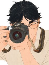 Rule 34 | 1boy, akaashi keiji, black hair, brown shirt, camera, camera flash, chengongzi123, closed eyes, closed mouth, collared shirt, commentary, facing viewer, haikyuu!!, hands up, highres, holding, holding camera, male focus, shirt, short hair, simple background, smile, symbol-only commentary, taking picture, upper body, very short hair, white background