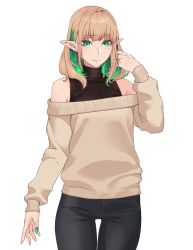 Rule 34 | 1girl, blonde hair, earrings, green eyes, green hair, highres, hikichi sakuya, jewelry, looking at viewer, medium hair, mole, mole under eye, multicolored hair, nail polish, off-shoulder sweater, off shoulder, original, pointy ears, smile, solo, sweater, thigh gap, two-tone hair, white background