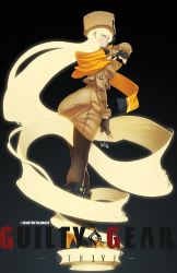 Rule 34 | 1girl, absurdly long hair, arm scarf, arm up, artist name, ass, blonde hair, blue eyes, breasts, brown coat, buttons, coat, copyright name, curvy, fingerless gloves, from side, fur hat, gloves, glowing, glowing hair, guilty gear, guilty gear strive, hat, highres, leggings, long hair, looking at viewer, medium breasts, metalhanzo, millia rage, pantyhose, signature, simple background, smile, solo, standing, ushanka, very long hair, white background, wide hips