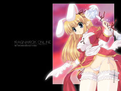 1girl :o animal_ears asai_ichiko back_bow bad_id blonde_hair blue_eyes bow breasts circle_name copyright_name covered_erect_nipples dress fingernails gold_trim groin hand_up high_priest_(ragnarok_online) highres holding holding_staff juliet_sleeves long_hair long_sleeves medium_breasts open_mouth panties pointy_ears puffy_sleeves pussy pussy_peek rabbit_ears ragnarok_online red_dress sash side-tie_panties sidelocks sleeve_cuffs solo staff standing striped_clothes striped_panties thighhighs two-tone_dress underwear watermark web_address white_bow white_dress white_sash white_sleeve_cuffs white_thighhighs