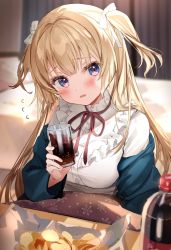 Rule 34 | 1girl, bed, blonde hair, blue eyes, blurry, blurry background, blush, bottle, chips (food), cola, commentary request, cup, curtains, food, frilled shirt, frills, highres, holding, holding cup, indoors, jacket, jacket on shoulders, kanda done, kotatsu, long hair, long sleeves, looking at viewer, open mouth, original, ribbon, shirt, sitting, soda, soda bottle, solo, table, twintails, white shirt