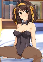 Rule 34 | 1girl, animal ears, arm support, bare shoulders, bed, black bow, black bowtie, black leotard, blush, book, bookshelf, bow, bowtie, breasts, brown eyes, brown hair, brown pantyhose, cleavage, closed mouth, collarbone, commentary request, covered navel, detached collar, fake animal ears, feet out of frame, hairband, haruhisky, highres, indoors, invisible chair, leotard, looking at viewer, medium breasts, medium hair, on bed, orange hairband, pantyhose, playboy bunny, rabbit ears, sidelocks, sitting, smile, solo, spread legs, suzumiya haruhi, suzumiya haruhi no yuuutsu, swept bangs, wrist cuffs