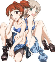 Rule 34 | 10s, 2girls, :p, aki (girls und panzer), ankle boots, back-to-back, bad id, bad pixiv id, bike shorts, black shorts, blue bra, blue footwear, blunt bangs, boots, bra, breasts, clothes around waist, clothes pull, from behind, girls und panzer, green eyes, grey legwear, hair tie, hand on own face, jacket, jacket around waist, light brown hair, loafers, looking at viewer, mikko (girls und panzer), multiple girls, open mouth, red eyes, red hair, shino (ten-m), shirt pull, shoes, short hair, short twintails, shorts, simple background, sitting, small breasts, smile, socks, strapless, strapless bra, tongue, tongue out, twintails, underwear, white background