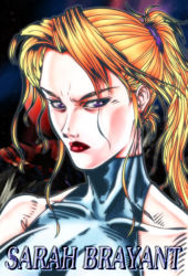 Rule 34 | 1girl, blonde hair, blue eyes, bodysuit, breasts, bure bure (psyblade), character name, collarbone, face, halterneck, lips, lipstick, long hair, makeup, nose, ponytail, sarah bryant, serious, skin tight, solo, typo, virtua fighter