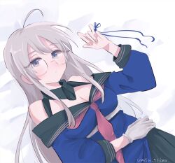 Rule 34 | 1girl, bed sheet, black sailor collar, black skirt, blue eyes, blue ribbon, blush, breasts, cleavage, closed mouth, glasses, gloves, grey hair, heywood l. edwards (kancolle), highres, kantai collection, long hair, long sleeves, looking at viewer, lying, medium breasts, neckerchief, on back, pink neckerchief, ribbon, sailor collar, samekun (samekun s), school uniform, serafuku, single glove, skirt, solo, white gloves