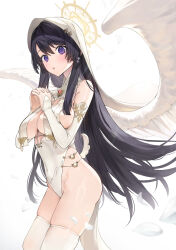 Rule 34 | 1girl, angel wings, bare shoulders, black hair, breast curtains, breasts, cleavage, covered navel, detached sleeves, feathered wings, feathers, halo, hands up, highleg, highleg leotard, highres, hu kotora, large breasts, leotard, long hair, long sleeves, looking at viewer, open mouth, original, own hands clasped, own hands together, purple eyes, skindentation, solo, standing, thighhighs, thighs, veil, very long hair, white leotard, white thighhighs, white veil, wings