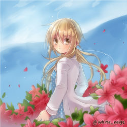 Rule 34 | 10s, 1girl, blonde hair, coat, day, dress, flower, from side, hair between eyes, kantai collection, long hair, long sleeves, looking at viewer, low twintails, outdoors, polka dot, polka dot dress, satsuki (kancolle), serino itsuki, smile, solo, twintails, white s