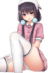 Rule 34 | 1girl, black hair, blend s, blush, breasts, cowboy shot, dress, highres, looking at viewer, looking down, low twintails, maid, mizushina minato, open mouth, panties, purple eyes, purple hair, sakuranomiya maika, simple background, sitting, small breasts, smile, twintails, underwear, upskirt, waitress, white background