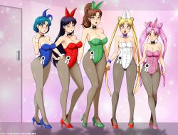 Rule 34 | 5girls, :o, absurdres, aged up, angry, animal ears, armpits, award ribbon, bare shoulders, bishoujo senshi sailor moon, black bow, black bowtie, black hair, blonde hair, blue eyes, blue footwear, blue hair, blue leotard, blush, bow, bowtie, breasts, brown hair, chibi usa, cleavage, commentary, commentary typo, commission, commissioner upload, cone hair bun, crescent, crescent earrings, detached collar, deviantart username, double bun, earrings, english commentary, fake animal ears, flower earrings, gluteal fold, green eyes, green footwear, green leotard, hair bobbles, hair bun, hair ornament, hairband, high heels, highres, hino rei, holding hands, jewelry, kino makoto, large breasts, leotard, lips, long hair, looking at viewer, makeup, medium breasts, medium hair, mizuno ami, multiple girls, orange footwear, orange leotard, pale skin, pantyhose, parted bangs, pink footwear, pink hair, pink leotard, playboy bunny, ponytail, purple bow, purple bowtie, purple eyes, rabbit ears, red bow, red eyes, red footwear, red leotard, shame, short hair, sidelocks, standing, star (symbol), star earrings, stormfeder, strapless, strapless leotard, stud earrings, swept bangs, thighs, tsukino usagi, twintails, very long hair, watermark, web address, white leotard, wrist cuffs