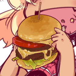 Rule 34 | 1girl, arrow (symbol), blonde hair, blush, bow, burger, cheese, cheese trail, close-up, darkness, eating, closed eyes, fang, food, lettuce, muuba, navel, rumia, short hair, solo, tan, tomato, toothpick, touhou