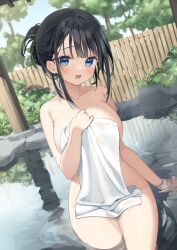 Rule 34 | 1girl, black hair, blue eyes, blush, breasts, covering privates, covering breasts, highres, large breasts, looking at viewer, muninshiki, naked towel, onsen, open mouth, original, partially submerged, thighs, towel