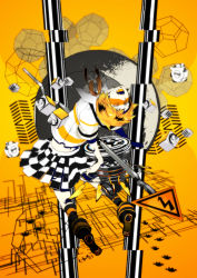 Rule 34 | 1girl, bad id, bad pixiv id, blonde hair, female focus, from behind, kagamine rin, kneehighs, leaning back, looking back, monochrome, open mouth, otofuke, short hair, skirt, socks, solo, striped, tiger rampage (vocaloid), vocaloid, yellow eyes
