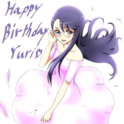 Rule 34 | 10s, 1girl, bare shoulders, birthday, blue eyes, blush, dress, glasses, happy, happy birthday, heartcatch precure!, jewelry, long hair, looking at viewer, pink dress, precure, purple hair, simple background, smile, solo, tsukikage oyama, tsukikage yuri, white background