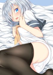 Rule 34 | 10s, 1girl, absurdres, ass, black pantyhose, blue eyes, breasts, clothes pull, embarrassed, hair ornament, hair over one eye, hairclip, hamakaze (kancolle), highres, kantai collection, looking at viewer, lying, medium breasts, nebusoku, neckerchief, no pants, on side, open mouth, panties, pantyhose, pantyhose pull, school uniform, serafuku, short hair, silver hair, solo, thighs, underwear, wavy mouth, white panties, yellow neckerchief