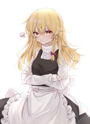 Rule 34 | 1girl, absurdres, apron, back bow, black skirt, black vest, blonde hair, bow, braid, commentary request, crossed arms, hair bow, hakurei kaede, highres, kirisame marisa, long hair, looking at viewer, no headwear, red bow, shirt, simple background, single braid, skirt, solo, squiggle, touhou, vest, waist apron, white background, white shirt