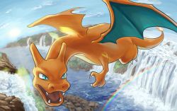Rule 34 | animal focus, blue eyes, blue sky, charizard, claws, cloud, creatures (company), day, dragon, fangs, fire, flame-tipped tail, flying, full body, game freak, gen 1 pokemon, hinata kanata, lens flare, midair, nintendo, no humans, open mouth, outdoors, pokemon, pokemon (creature), rainbow, river, sky, solo, water, waterfall