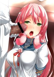 Rule 34 | 10s, 1boy, 1girl, akashi (kancolle), bar censor, bdsm, blush, bondage, bound, breasts, censored, drooling, f-rhine, facejob, fxrhine, green eyes, headband, heart, heart-shaped pupils, hetero, highres, kantai collection, large breasts, looking at viewer, open mouth, penis, penis on face, pink hair, saliva, solo focus, symbol-shaped pupils, tongue, tongue out, upper body, veins, veiny penis