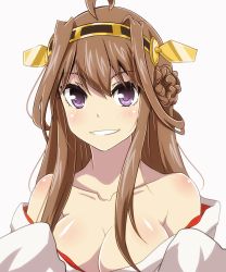 Rule 34 | 10s, 1girl, ahoge, bare shoulders, breasts, brown hair, cleavage, detached sleeves, double bun, hair ornament, hairband, japanese clothes, kantai collection, kongou (kancolle), long hair, looking at viewer, nontraditional miko, partially undressed, personification, purple eyes, solo, tanashi (mk2)