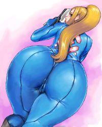 Rule 34 | 1girl, anus, ass, ass focus, bent over, blonde hair, bodysuit, cameltoe, curvy, from behind, gun, hip focus, holding, holding gun, holding weapon, huge ass, latex, long hair, looking at viewer, looking back, lowres, matoyama, metroid, nintendo, oekaki, pink background, ponytail, samus aran, see-through, skin tight, solo, thick thighs, thighs, weapon, wide hips, zero suit