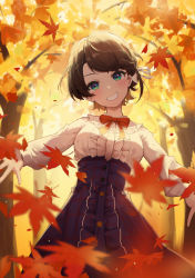 Rule 34 | 1girl, absurdres, autumn leaves, blue eyes, blue skirt, blush, bow, bowtie, brown hair, buttons, center frills, forest, frilled shirt, frilled shirt collar, frilled skirt, frills, grin, hair ribbon, head tilt, highres, hololive, leaf, long sleeves, looking at viewer, maple leaf, nature, oozora subaru, oozora subaru (casual), plaid, plaid skirt, red bow, red bowtie, ribbon, shirt, short hair, shyi, skirt, smile, solo, tree, virtual youtuber, white ribbon, white shirt