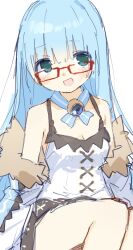Rule 34 | 1girl, :d, bare shoulders, blanc (neptunia), blanc (neptunia) (cosplay), blue hair, blush stickers, breasts, buran buta, character request, choujigen game neptune, cleavage, coat, cosplay, dress, feet out of frame, fur-trimmed coat, fur trim, glasses, green eyes, hair between eyes, highres, neptune (series), nishizawa mina, off shoulder, open mouth, red-framed eyewear, simple background, sitting, sleeveless, sleeveless dress, small breasts, smile, solo, sweat, white background, white coat, white dress