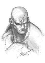 Rule 34 | 1boy, bad id, bad twitter id, bald, character name, eyepatch, face, frown, graphite (medium), greyscale, highres, male focus, monochrome, no pupils, nose, sagat, solo, street fighter, traditional media, yoshihara motoki